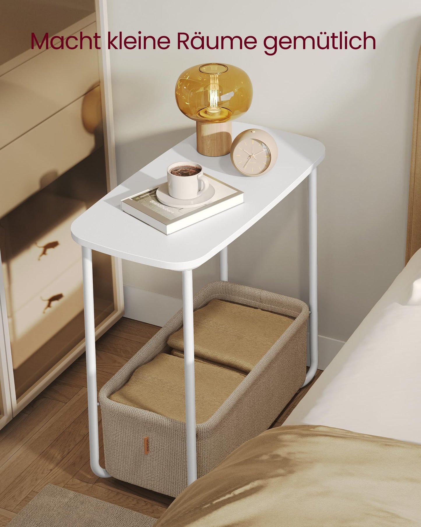 VASAGLE square side table, small table, small coffee table, living room table, fabric basket, storage for living room bedroom, modern bedside table, matte white-camel brown LET230W10