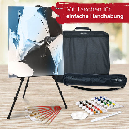 Artina 122tlg XXL Painting Set with Michelangelo Easel - Artist Set Acrylic & Drawing Set - Colored Pencils, Canvas, Brush Set, Watercolors, Pastel Chalk - Great Creative Set for all ages