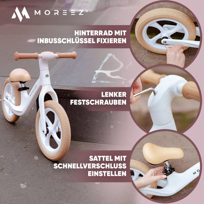 MOREEZ® balance bike from 2 years [2-5 years] Ultra-light children's balance bike with fall protection, ergonomic seat, 50kg puncture-proof 12-inch wheels, footrest, height-adjustable for girls and boys in white