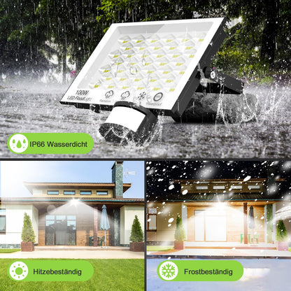 LED floodlight with motion sensor outside - 100W 10000LM 6500K LED floodlight outside with remote control, timing function, adjustable brightness LED floodlight, IP66 waterproof spotlight for garage yard