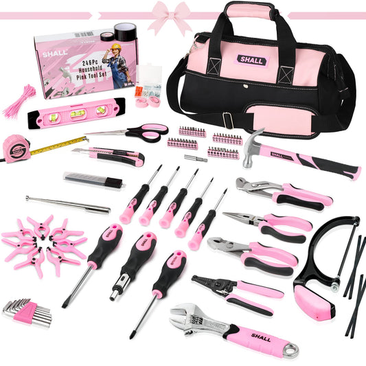 SHALL Pink Tool Set, 246-piece Women's Basic Tool Kit for Home with 14" Wide Mouth Open Tool Bag, General Household Hand Tool Set