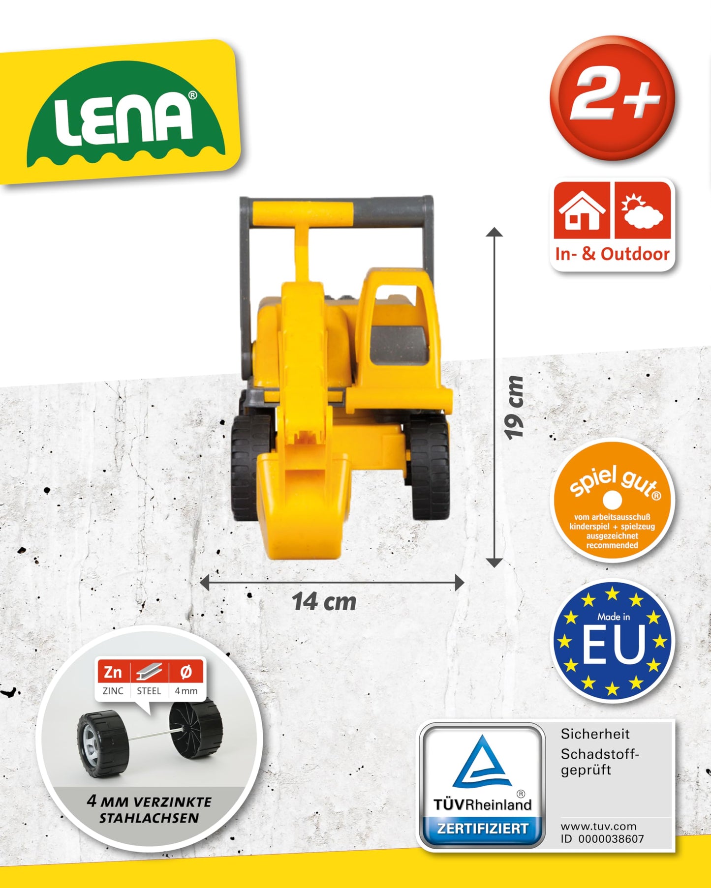 Lena 4211 EcoActives Excavator, construction vehicle approx. 35 cm, sturdy shovel excavator, natural wood scent due to ecological wood content, sand digger for children aged 2 and up, yellow play vehicle