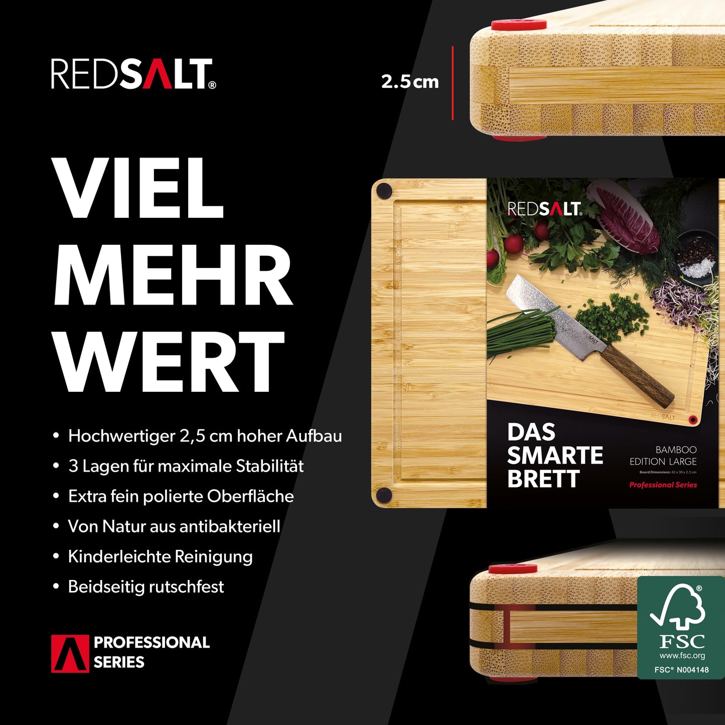 REDSALT® innovative organic bamboo cutting board non-slip | L 42x30x2.5cm large wooden board can be used on both sides deep juice groove FSC certified premium cutting board kitchen grill gift sustainable