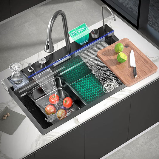 Ribanedy Multifunctional Digital Kitchen Sink, Waterfall Sink made of 304 Stainless Steel, with 5 Water Outlet Modes, Waterfall Pull-out Faucet, Cup Cleaner, and other sink accessories set (68 X 46 cm).