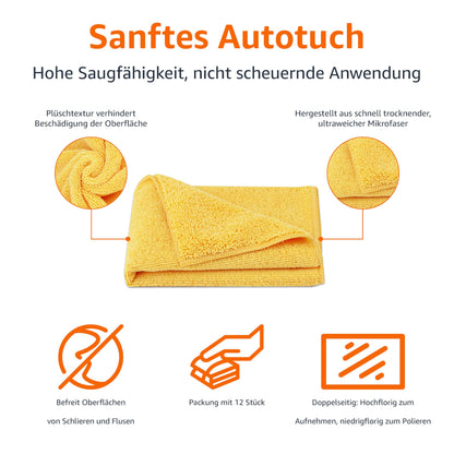 Amazon Basics microfiber towels for cars, dual-sided cleaning cloth, 12 pieces, 40 x 40 cm, Yellow
