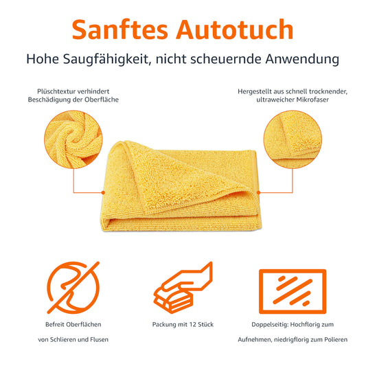Amazon Basics microfiber towels for cars, dual-sided cleaning cloth, 12 pieces, 40 x 40 cm, Yellow