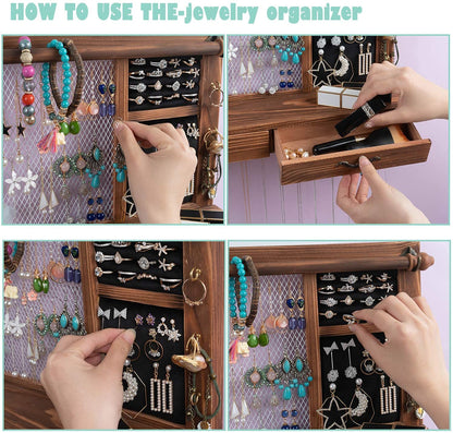 QILICZ Wall Jewelry Organizer with Bracelet Rod, 21 Hooks, Drawer Jewelry Storage for Earrings, Studs, Necklaces, Bracelets, Rings.
