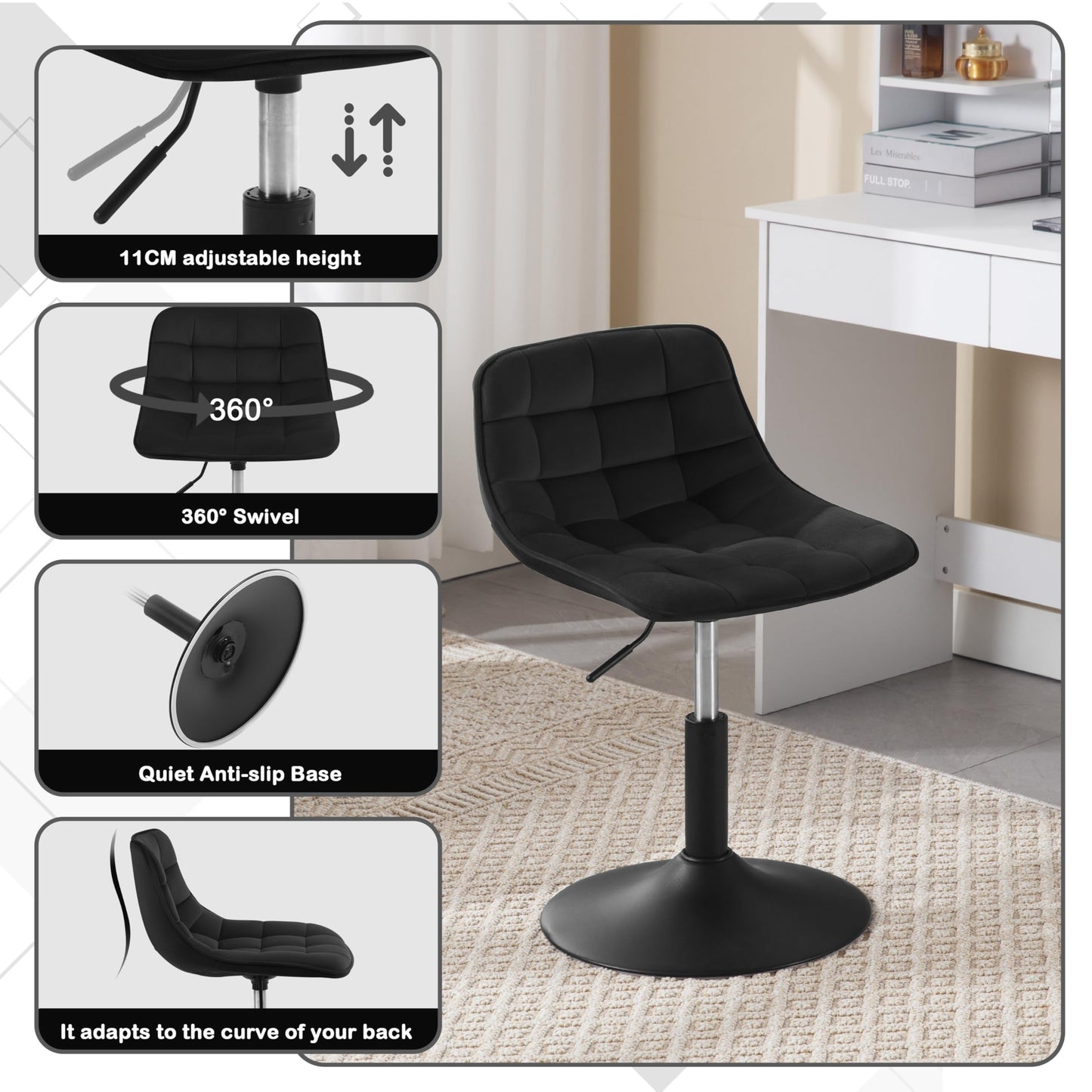 WOLTU vanity chair stool for vanity, bedroom & dining room - height adjustable, 360° swivel with backrest, made of comfortable velvet, black, BH300sz-1