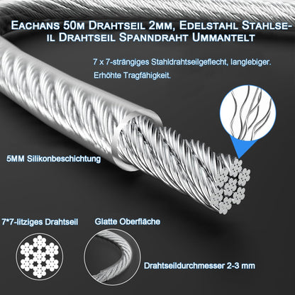 Eachan's steel wire, stainless steel cable 2mm 50m wire tensioner coated with 10 wire rope clamps, 304 stainless steel curtain cord clothesline for climbing plants, hanging lights pendant light.