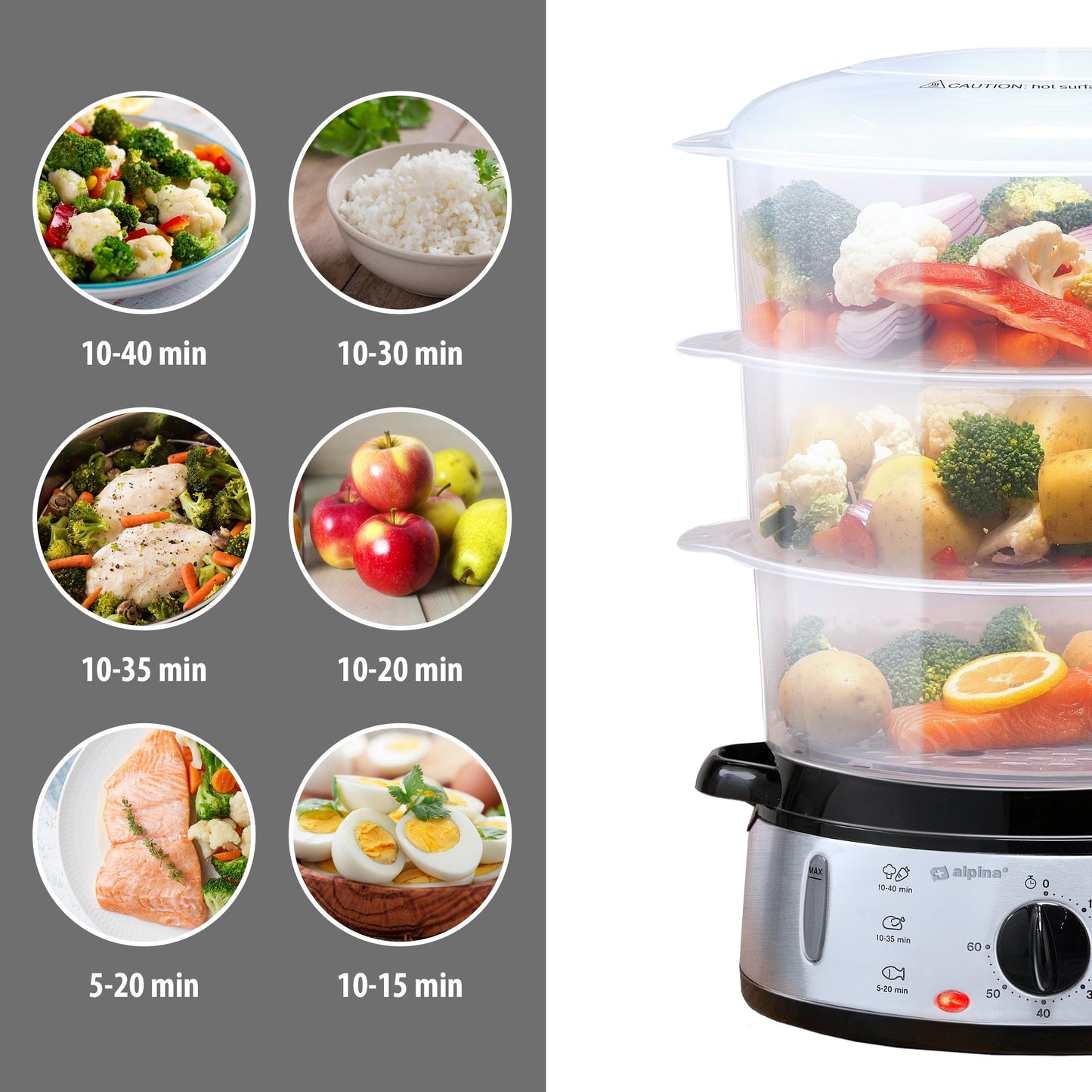 Alpina steamer - steam engine 230V/800W - 3 layer pot - BPA free - steam pot dishwasher safe - ready for use in 0 to 60 minutes - 9 liter capacity - plastic/stainless steel - gray