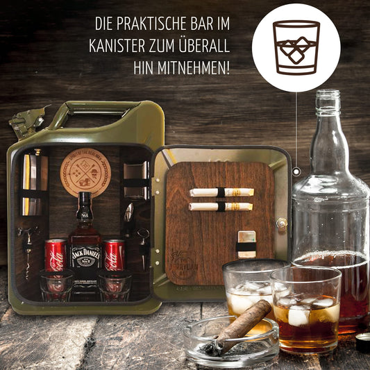 The men's bar for real men - canister as a men's gift/men's handbag with plenty of accessories like a hip flask, and more. *Jerry Can* | Birthday gift | Father's Day gift