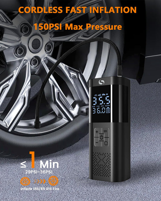 SERVOMASTER Electric Air Pump, Portable Mini Compressor with Gauge, 150PSI 12V DC Battery Powered Air Pump, Bike Pump with LED for Car Motorcycle Bicycle Ball
