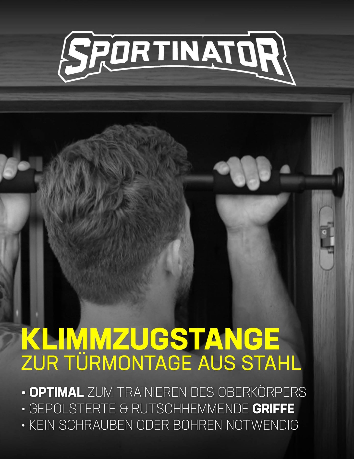 SPORTINATOR® Doorway Pull-Up Bar for your home gym. Length 60-102 cm, compact, safe & easy to install without drilling, supports up to 150 kg.