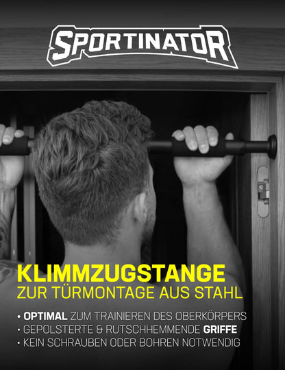 SPORTINATOR® Doorway Pull-Up Bar for your home gym. Length 60-102 cm, compact, safe & easy to install without drilling, supports up to 150 kg.