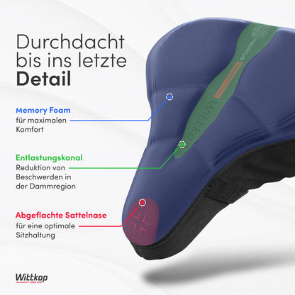 WITTKOP bike seat cushion with gel pad & memory foam I Ergonomic bike seat cover for women and men with 3-zone concept I Comfortable bike saddle cover for Peloton & bike seat