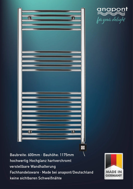 anapont electric towel warmer – chrome curved – with ON/OFF switch – bathroom heater electric – towel radiator – Made in Germany 1175h x 600w