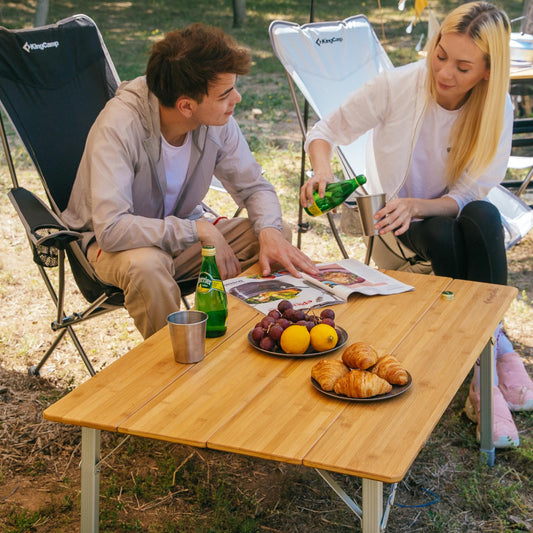 KingCamp camping table bamboo folding table adjustable height for 4-6 people foldable camping table, 4 folds with carrying bag, supports up to 80 kg, 100 x 65 cm, L
