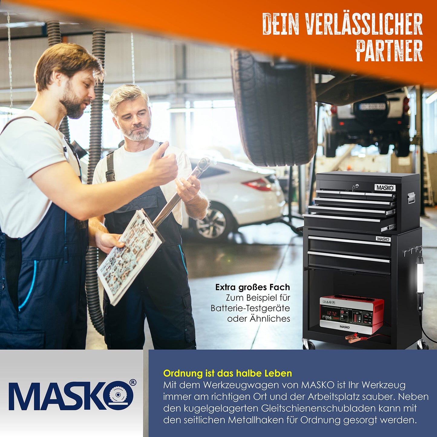 MASKO® workshop cart with toolbox - 9 compartments lockable | Solid metal | Mobile tool cart without tools | Professional | Tool storage trolley with lock | Black