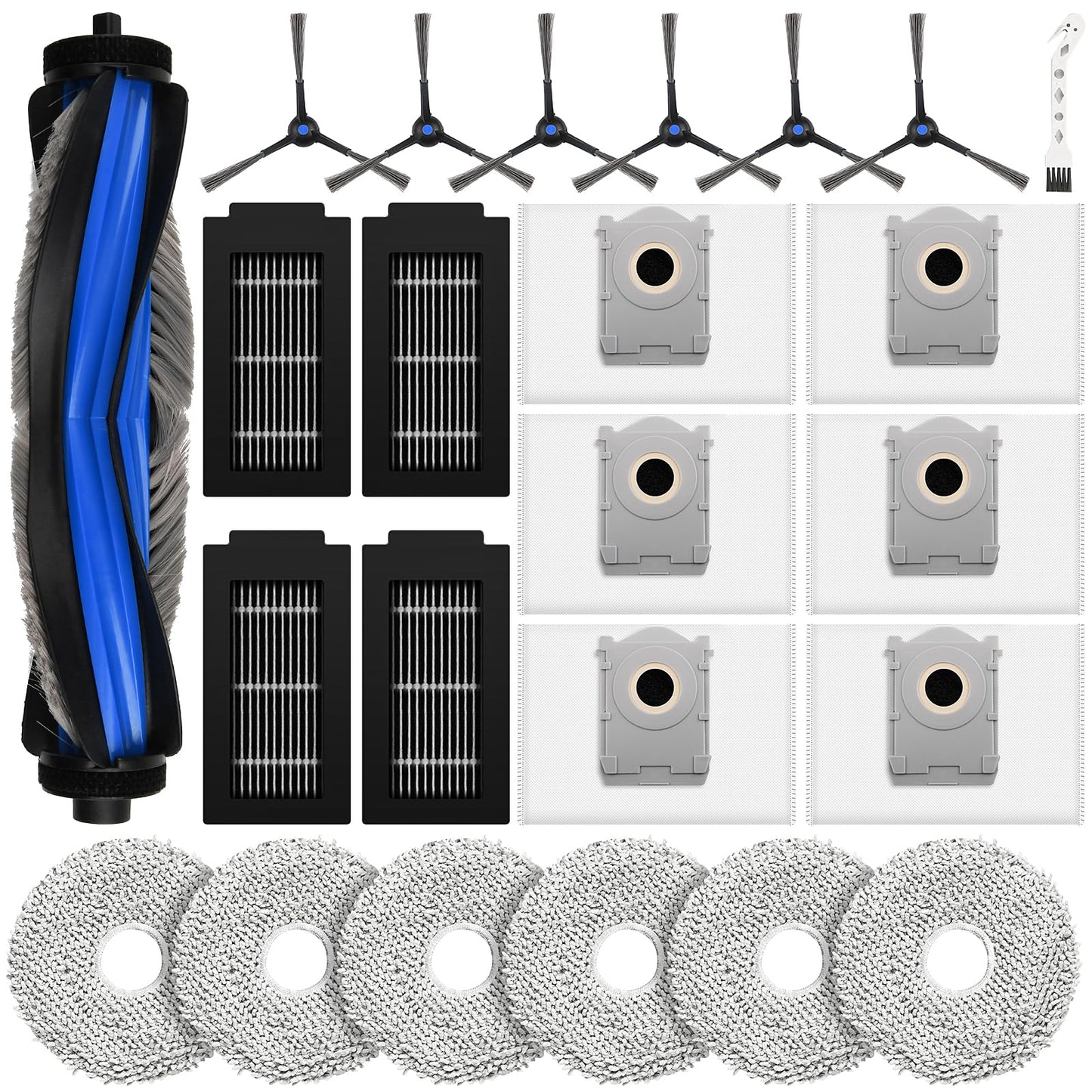 24 pieces of accessories for Ecovacs Deebot T50 PRO Omni/T50 Omni robot vacuum, includes 1 main brush, 6 mop cloths, 6 dust bags, 4 filters, 6 side brushes, and 1 cleaning brush.