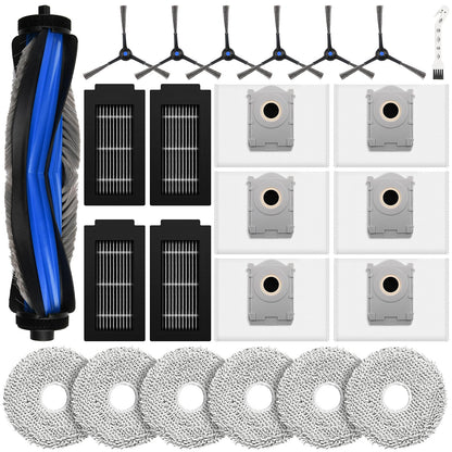 24 pieces of accessories for Ecovacs Deebot T50 PRO Omni/T50 Omni robot vacuum, includes 1 main brush, 6 mop cloths, 6 dust bags, 4 filters, 6 side brushes, and 1 cleaning brush.