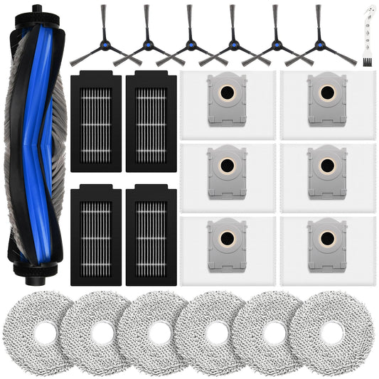 24 pieces of accessories for Ecovacs Deebot T50 PRO Omni/T50 Omni robot vacuum, includes 1 main brush, 6 mop cloths, 6 dust bags, 4 filters, 6 side brushes, and 1 cleaning brush.