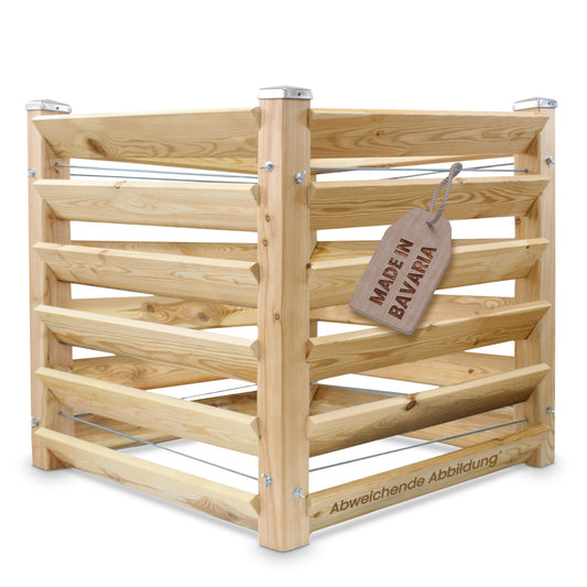 Modern compost bin made of solid larch wood, dimensions approximately 80x80 cm with a height of 80 cm. Easy-to-assemble composting system.