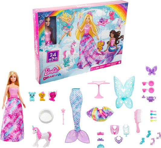 Barbie Dreamtopia Advent Calendar Barbie doll and 24 gifts including fairytale fashions, magical pets and accessories, holiday gift, HGM66