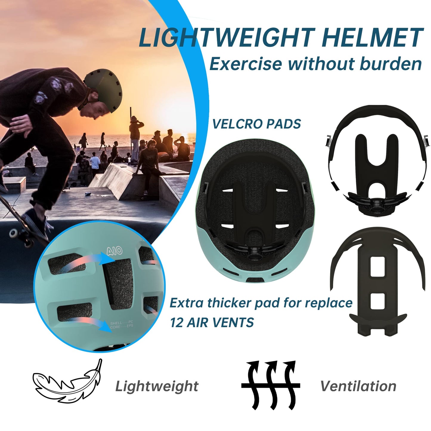 GLAMVILLA Skaterhelm Bike Helmet Ultralight Urban Helmet for Kids/Women/Men, Adjustable Unisex Skateboard E-Scooter Roller BMX Protective Helmet, only 260g/270/280g (Mint Green with Grass Green, M(54-57cm))