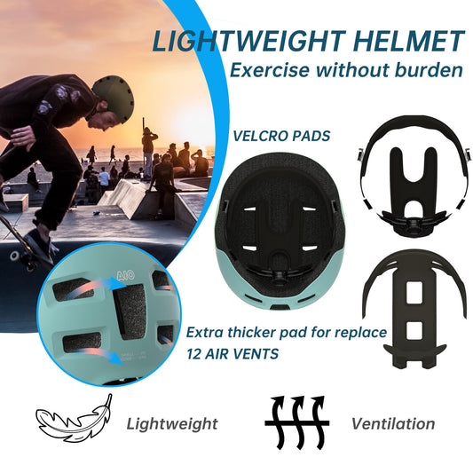 GLAMVILLA Skaterhelm Bike Helmet Ultralight Urban Helmet for Kids/Women/Men, Adjustable Unisex Skateboard E-Scooter Roller BMX Protective Helmet, only 260g/270/280g (Mint Green with Grass Green, M(54-57cm))