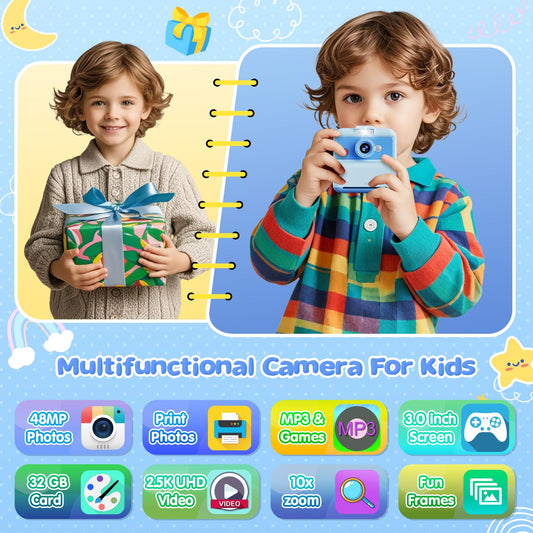 CAMCLID instant camera for kids, 3.0 inch screen children's camera instant camera, 48MP/2.5K UHD children's camera instant print with 32GB card, toy gift for boys and girls 3-12 years old (blue)