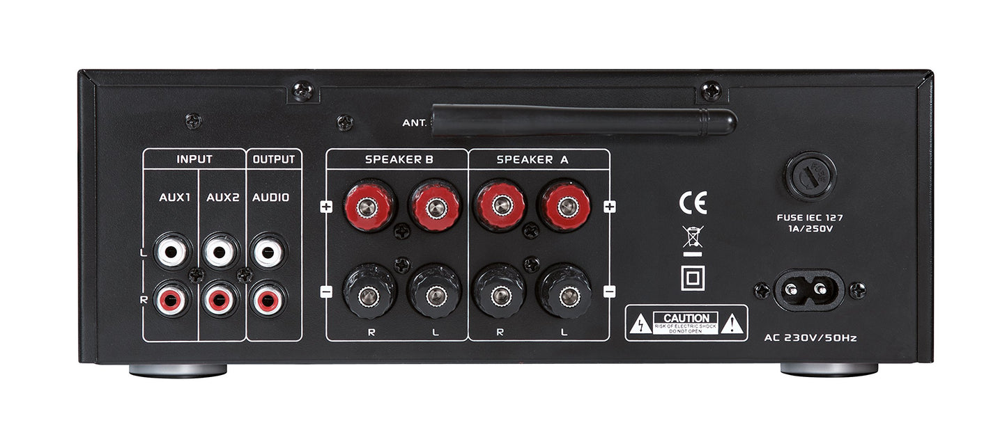 Dynavox VT-80 stereo compact amplifier in black, screwable connection terminals for 4 speakers, remote control functions only for digital inputs (USB, SD card), integrated BT antenna.