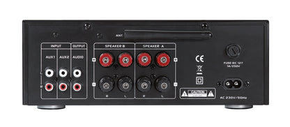 Dynavox VT-80 stereo compact amplifier in black, screwable connection terminals for 4 speakers, remote control functions only for digital inputs (USB, SD card), integrated BT antenna.