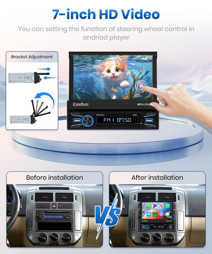 Podofo Wireless Carplay/Android Auto Car Radio 1Din with 7'' Retractable Display Automatic Screen Bluetooth 5.1 Wireless Android Auto FM 2USB/MIC/Type C/With Rearview Camera Steering Wheel Control