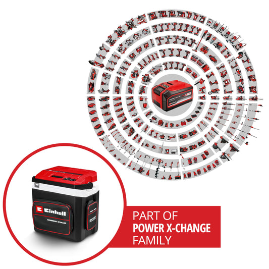 Einhell Battery-Powered Cooler TE-COL 18/27 Li-Solo Power X-Change (18 V, 27 liters, Cooling and Heating, Hybrid 12 V for Car, 230 V Power Connection, including Bags, without Battery)