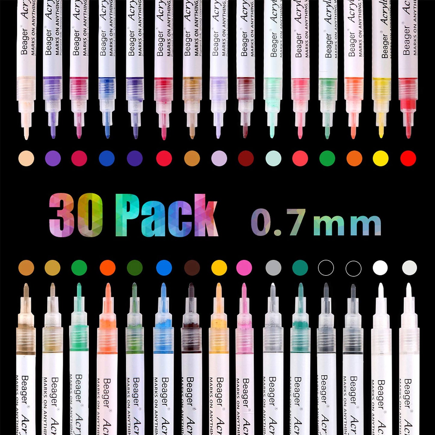 Beager Acrylic Paint Pens for Stones Waterproof, 0.7mm Permanent Marker Pens Enamel Pen Acrylic Paint Pens for Wood Canvas Ceramic Metal Paper Glass Plastic Leather Photo Albums 30Pcs