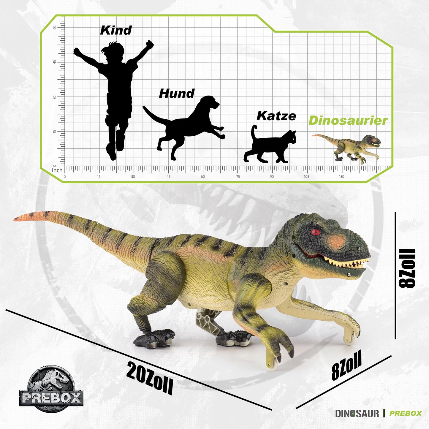 PREBOX Remote Control Dinosaur Toy for Boys, RC Dino Robot with Roaring, Spraying Function, Head and Tail Movements, Realistic Walking Movements, Gift for Kids 3-12 Years
