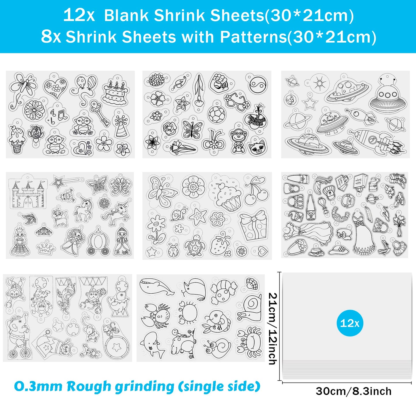 LUZOON Shrink Film 218 Pieces Shrink Film for Crafting Including A4 Shrink Film Set Keychains, Locks, Pencils, Hole Punch for Kids DIY Crafts (A4-with Pattern)
