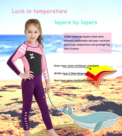NATYFLY Kids Neoprene Wetsuit 2.5mm Neoprene Thermal Swimsuit Boys Girls Long/Short Sleeve Diving Suit Back Zip One Piece Swimwear