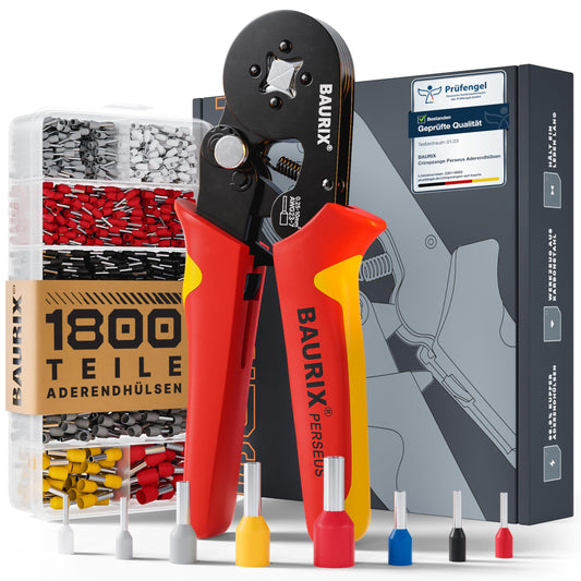 BAURIX® Crimping Tool Set with 1800 Cord End Ferrules Set I Self-adjusting Cord End Ferrule Tool [For 0.25-10mm²] I Crimping Tool, Crimping Pliers, Crimp Tool, Press Tool - Model: PERSEUS (4-Sided)