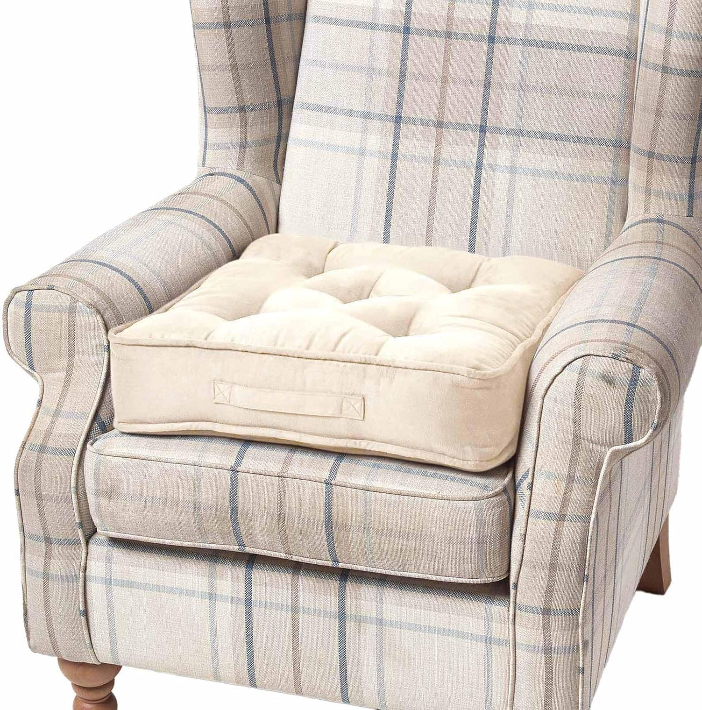 Homescapes Thick Seat Cushion 50x50 cm Cream, 10 cm high chair pad/seat booster with velour cover, solid floor cushion with carrying handle