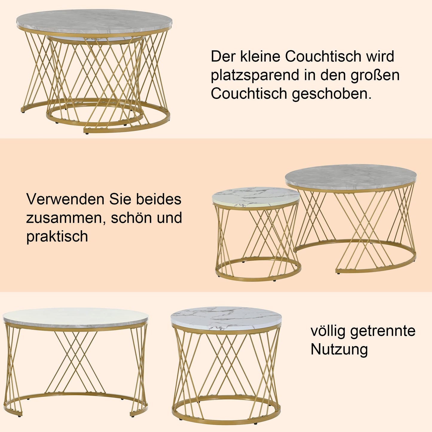 Modern Round Coffee Table Set of 2, Side Table Set, Coffee Table Set Marble Veneer Sofa Side Nest of Tables Round End Tables, Set of Tables for Living Room Bedroom, Gold Frame (White + Gray)