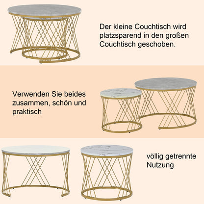 Modern Round Coffee Table Set of 2, Side Table Set, Coffee Table Set Marble Veneer Sofa Side Nest of Tables Round End Tables, Set of Tables for Living Room Bedroom, Gold Frame (White + Gray)