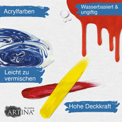 Artina 30-piece easel set Madrid - portable easel with XXL acrylic canvas painting set - field easel with 90° tilt - wooden easel set with 18 acrylic paints, 2 stretcher frames, brushes, and painting spatulas.