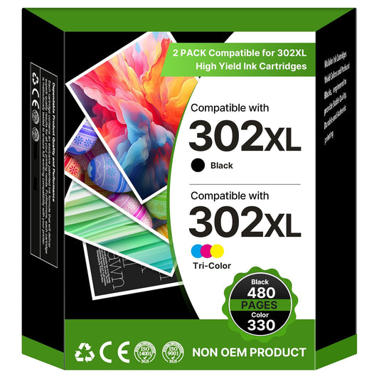 302XL printer cartridges multipack replacement for HP 302 XL cartridges. Includes black and color cartridges for HP Envy 4525 4520 4522 4524 4527 Officejet 3830 3831 3833 5230 Deskjet 2130 3630 3636 1110 (2 pack).