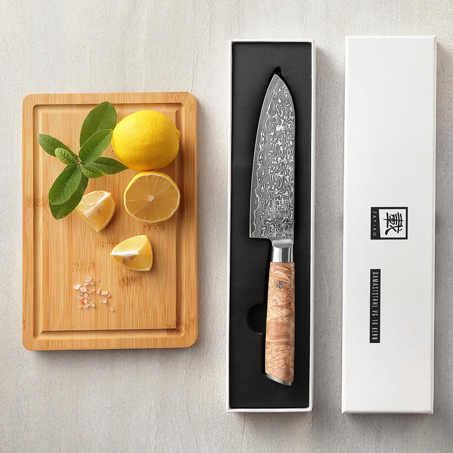 Zayiko Damascus Santoku Knife Blade 17 cm I made of 67 layers I Damascus kitchen knife made of real black Damascus steel with birch root wood handle Kinone series