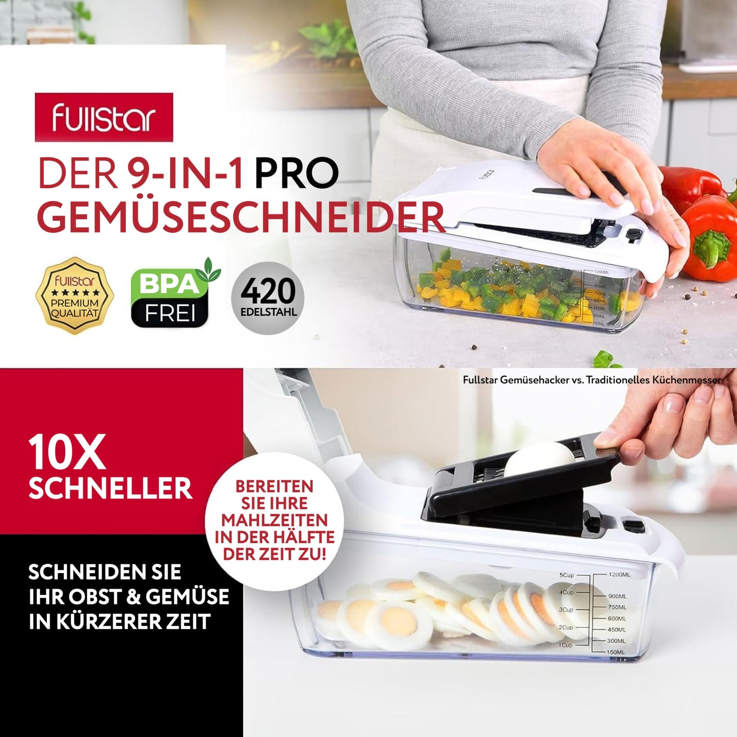 Vegetable slicer, spiralizer, mandoline - Veggie cutter, onion chopper, potato slicer, fruit cutter - (9-in-1 - White)