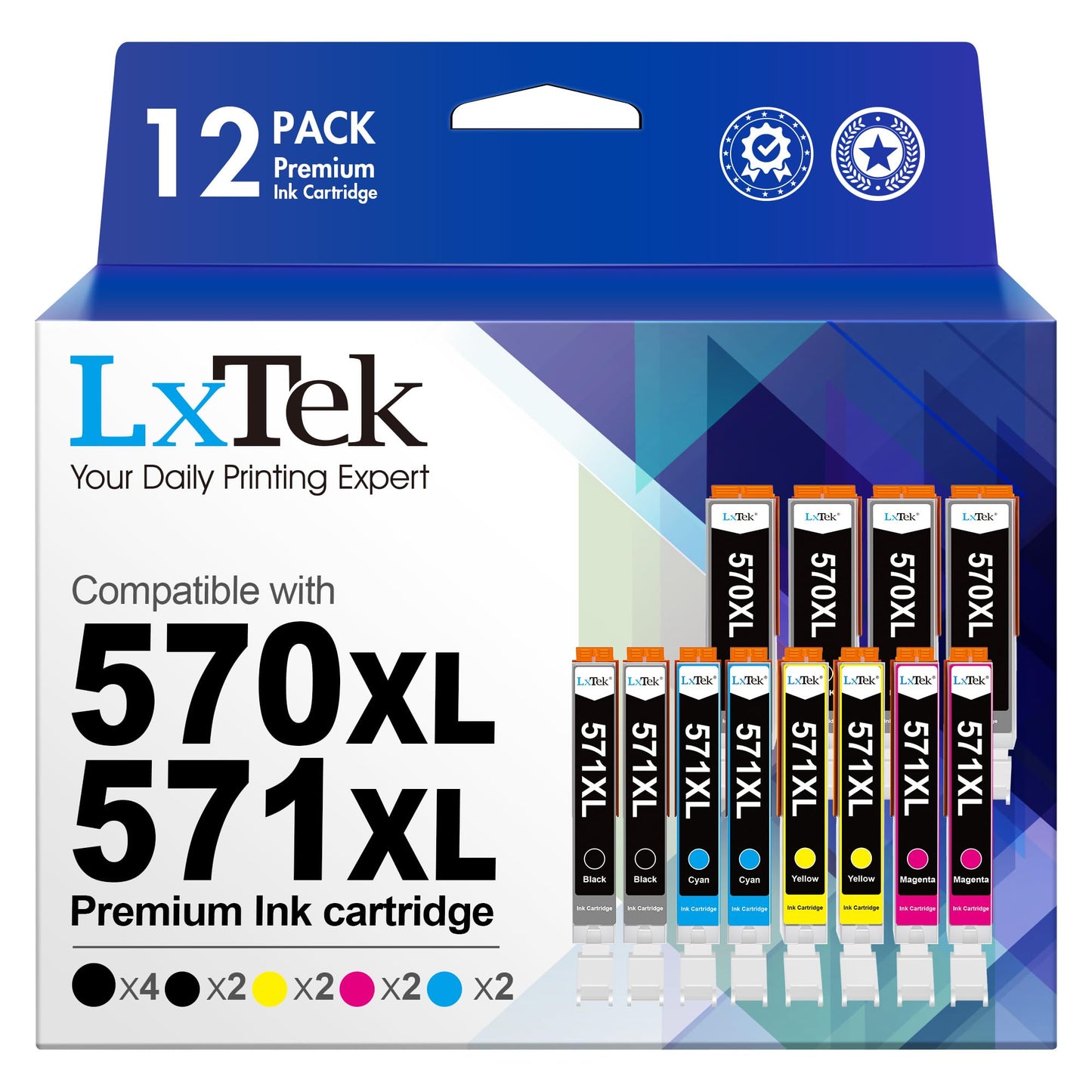 LxTek 570XL 571XL Cartridges Multipack Compatible for printer cartridges Canon TS5050 for PGI-570XL CLI-571XL for Canon MG5750 cartridges for PIXMA TS5055 MG6850 MG5751 MG5752 MG6800 MG6851 (12-pack)