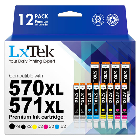 LxTek 570XL 571XL Cartridges Multipack Compatible for printer cartridges Canon TS5050 for PGI-570XL CLI-571XL for Canon MG5750 cartridges for PIXMA TS5055 MG6850 MG5751 MG5752 MG6800 MG6851 (12-pack)