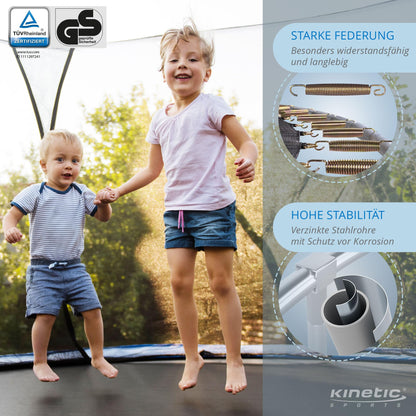 KINETIC SPORTS Trampoline Outdoor 'Salto Plus' Ø 183/244/305/366/400/430/490 cm - Complete Set for Kids, USA Jumping Mat, Net, Padding, Ladder - up to 160kg.