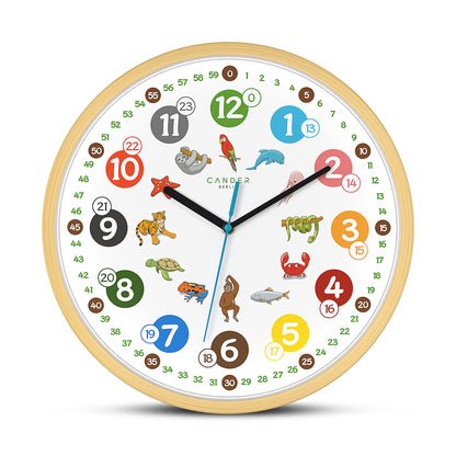 Cander Berlin MNU 2430 T Wooden Kids Wall Clock 30.5 cm Animal Learning Clock Silent Analog Wood Frame Nursery Non-ticking for Boys Girls